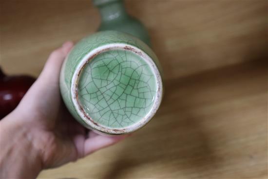 A pair of Chinese celadon crackle glaze vases and a celadon glazed censer Vases 22cm high